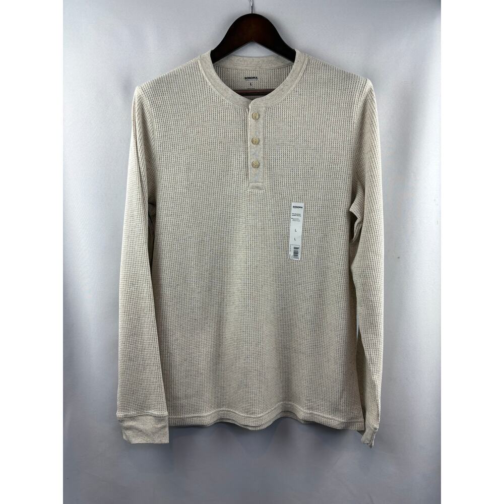 Men’s Sonoma Large Cream Beige Waffle Long Sleeve Henley